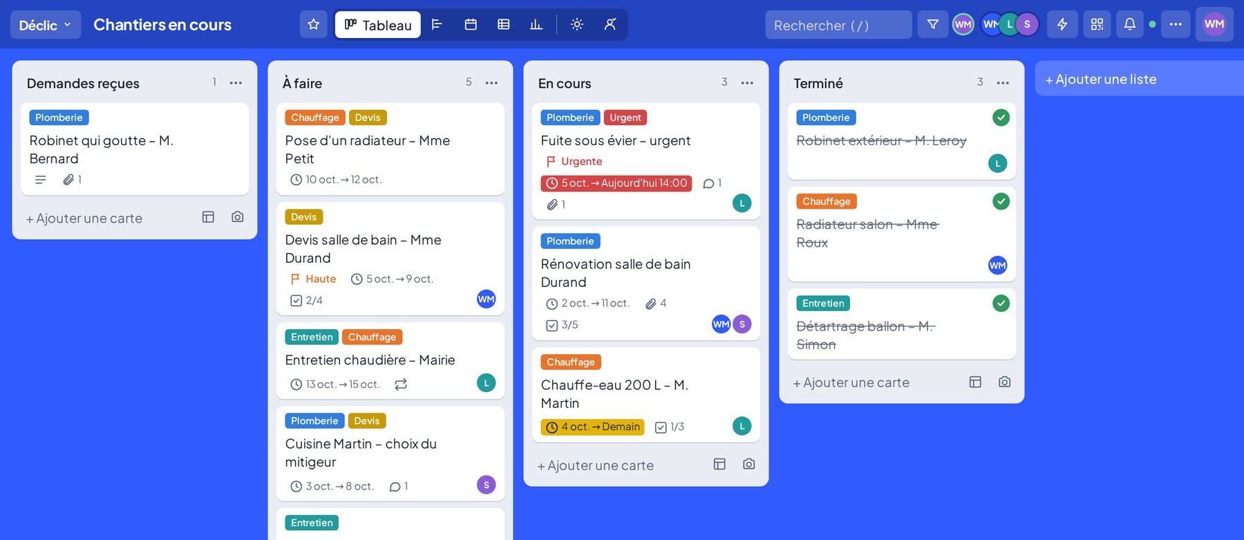 Un tableau de projets dans Déclic
