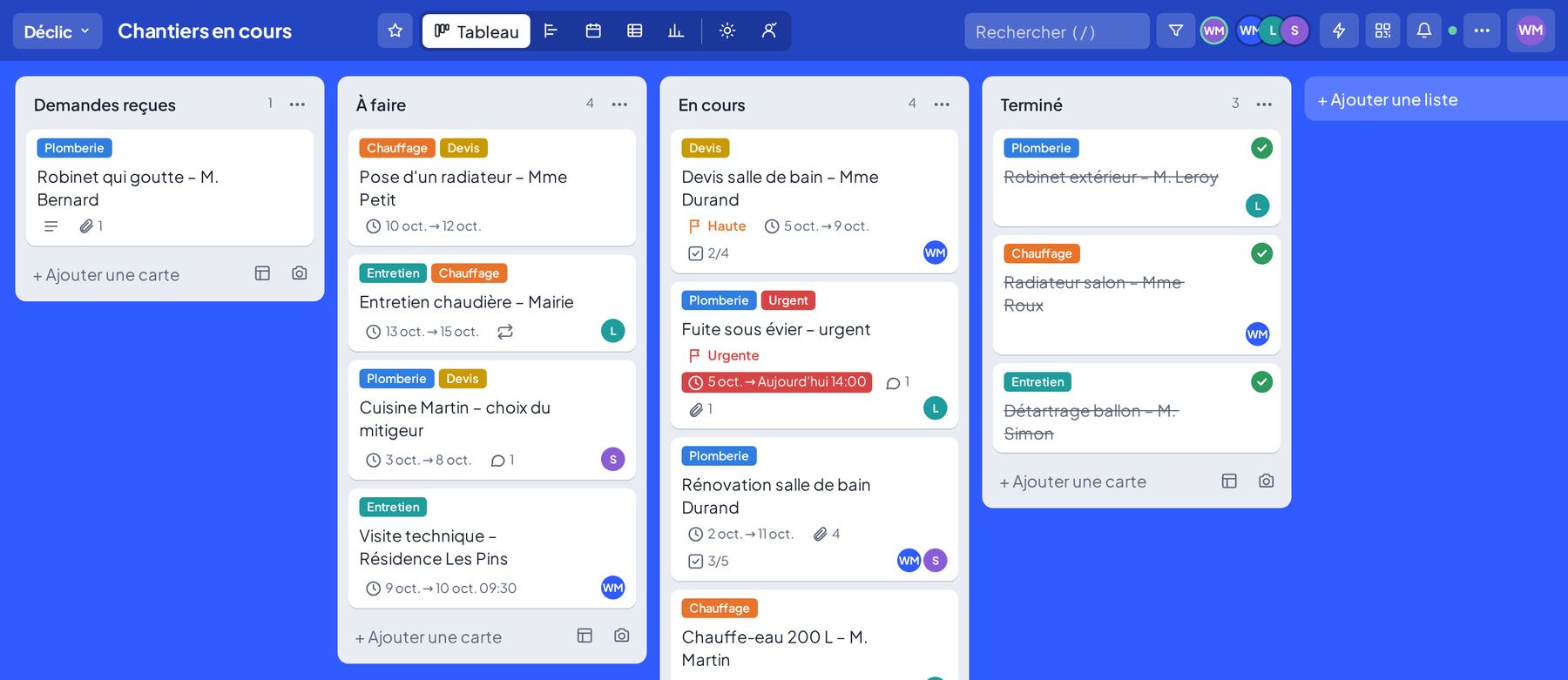 Un tableau de suivi des clients dans Déclic