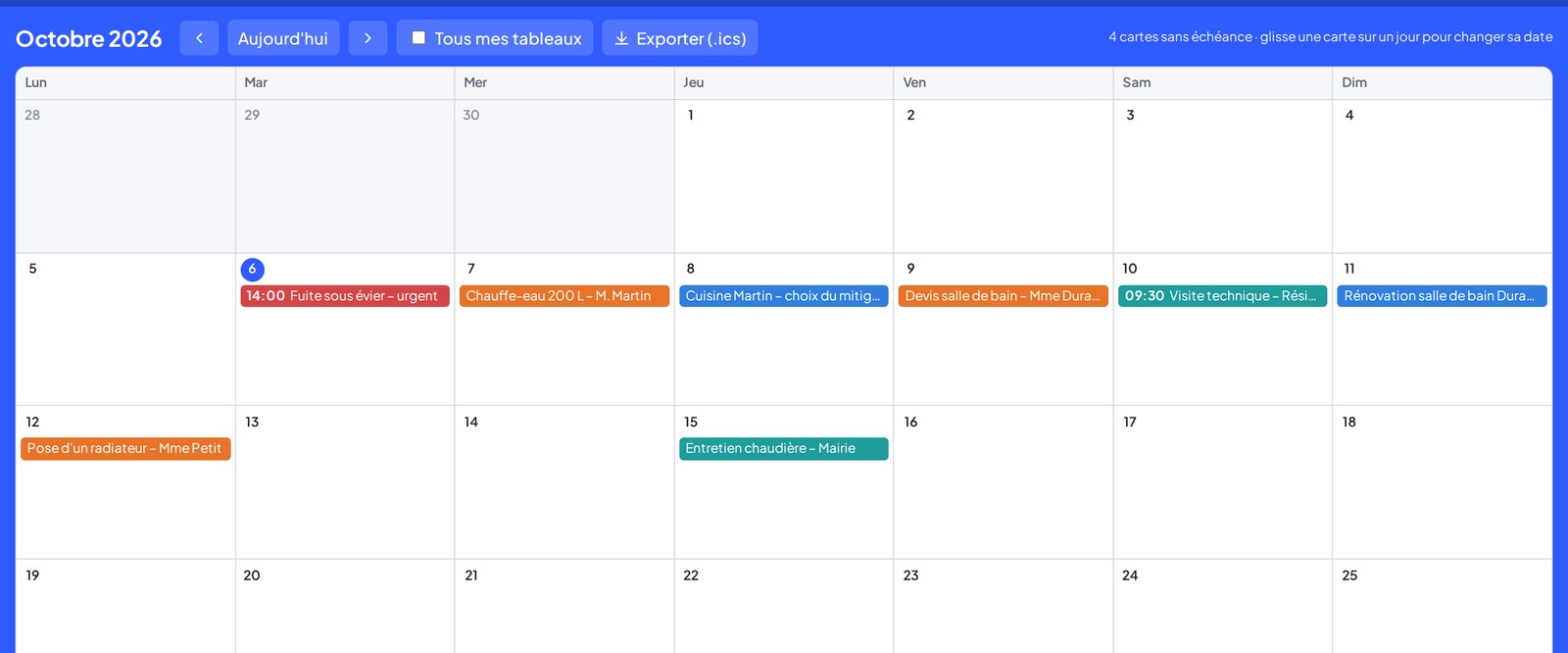 Le calendrier du mois dans Déclic