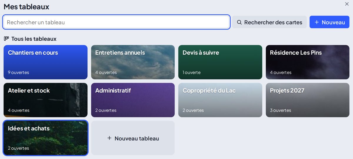 La liste des tableaux d'une équipe dans Déclic